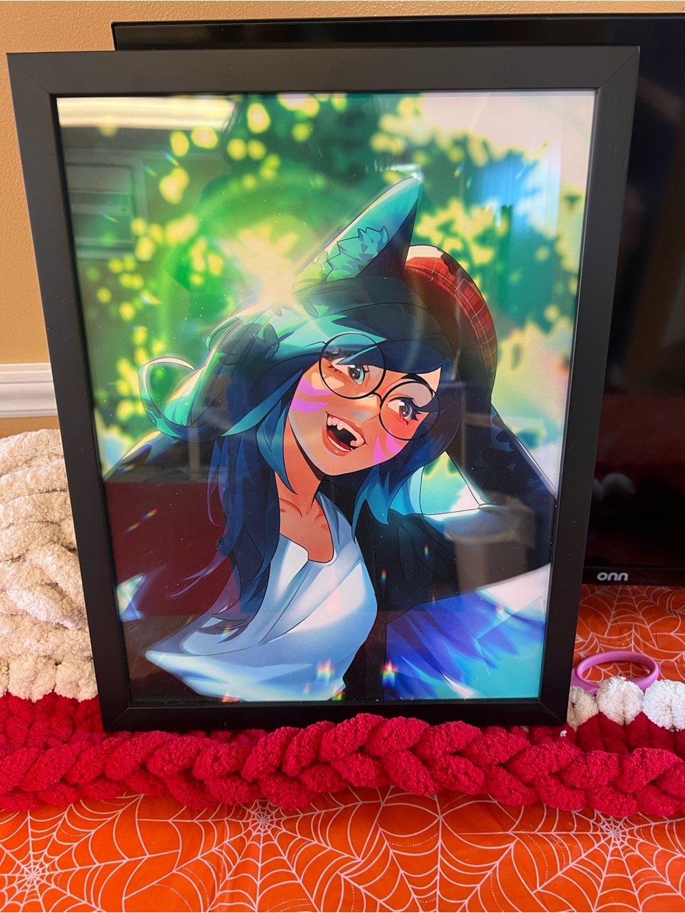 Framed Anime-Style Catgirl Art Print in Teal and Black